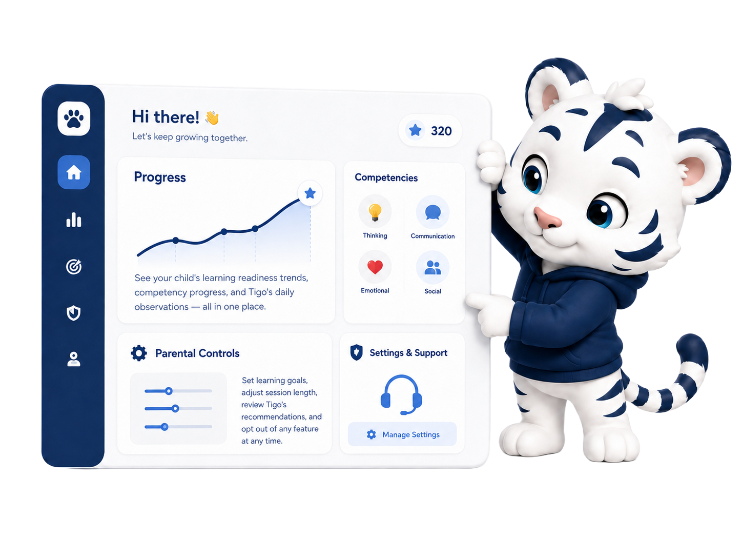 Tigo parent dashboard showing progress charts, competencies, parental controls, and settings