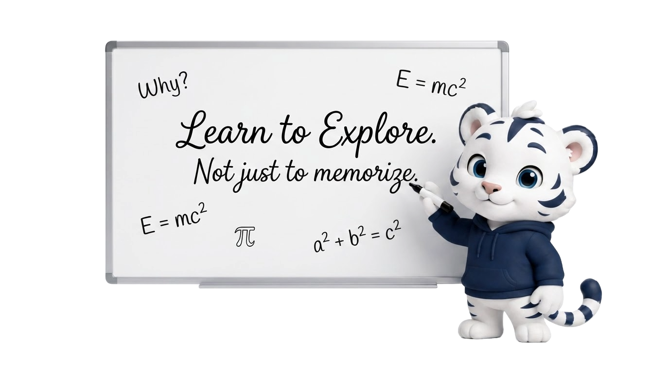 Tigo the tiger mascot at a whiteboard reading 'Learn to Explore. Not just to memorize.'